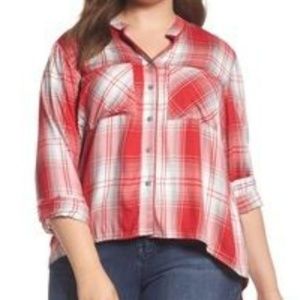 Melissa McCarthy Seven7 Red Plaid High-Low Top